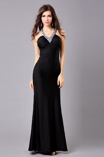 Robe noire de soire sirne col V & dos nu orne de strass