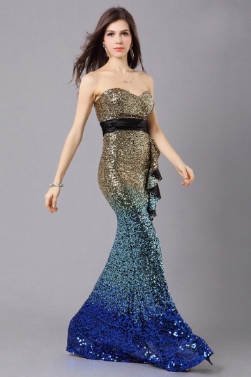 Robe sirène de soirée bicolore bustier cœur à volants